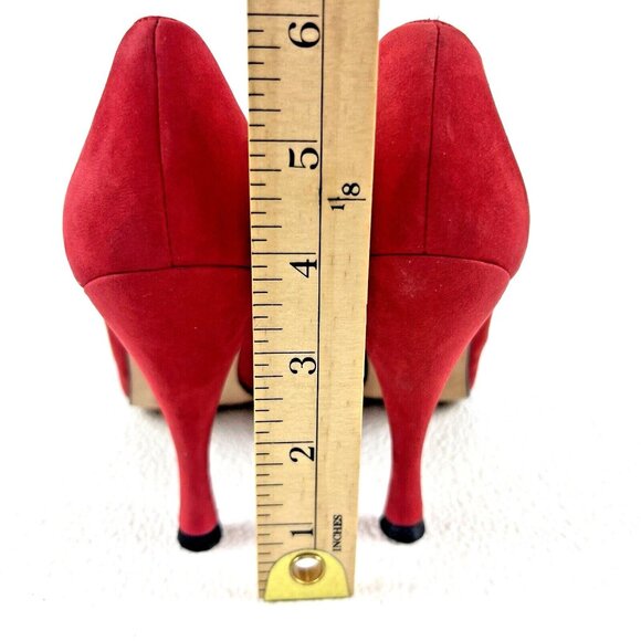Women's 9N Red Peep Toe Mob Wife Career Chic Preppy Delman Suede Pumps Heels - Picture 7 of 13